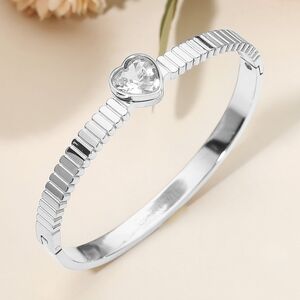 Clear Silver Stainless Steel Heart Bangle Bracelet Jewelry Stone Hinged